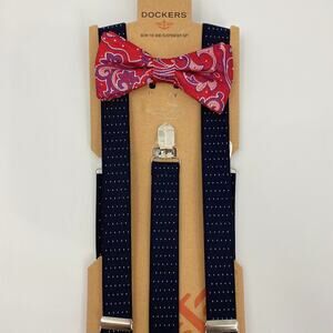Dockers Mens Bow Tie and Suspender Set NEW Blue Red Polka Dots